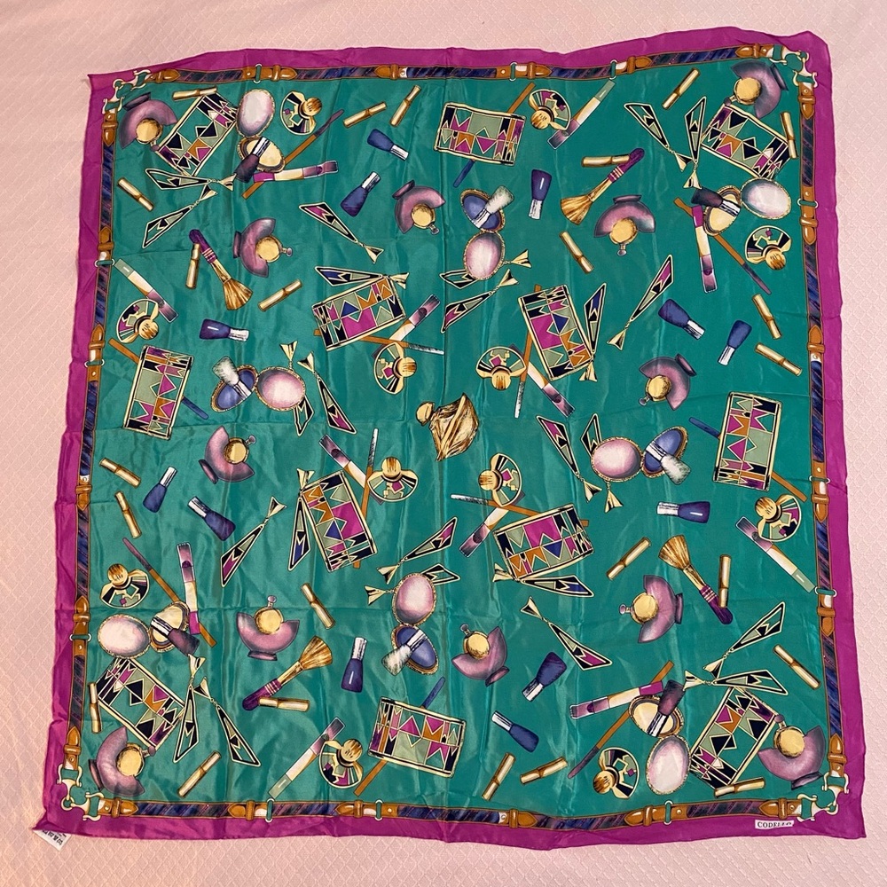 Vintage 100% silk scarf by Cordello. Motif features items from a vanity table
